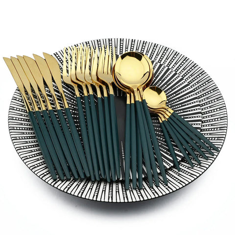 24Pcs Stainless Steel Green Gold Dinnerware Set