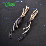 VISTOSO Gold Earrings For Women Authentic 14K 585 Rose Gold Sparkling Diamond Shiny Blue Sapphire Dangling Earrings Fine Jewelry