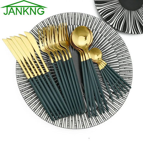 24Pcs Stainless Steel Green Gold Dinnerware Set