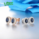VISTOSO Pure 14K 585 Rose/White Gold Earrings Stud For Women Elegant Blue Sapphire Sparkling Diamond Unique Trendy Fine Jewelry