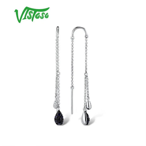 VISTOSO Gold Earrings For Women Authentic 14K 585 White Gold Sparkling Diamond Shiny Blue Sapphire Dangling Earring Fine Jewelry