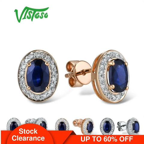 VISTOSO Pure 14K 585 Rose/White Gold Earrings Stud For Women Elegant Blue Sapphire Sparkling Diamond Unique Trendy Fine Jewelry