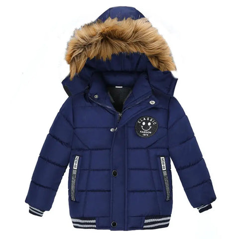 Outdoor Jacket For Boys Winter Hooded Zipper Outerwear Casual Baby Boys Velvet Thick Warm Coats Kids Clothing Fur Collar Parka