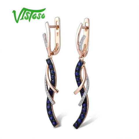 VISTOSO Gold Earrings For Women Authentic 14K 585 Rose Gold Sparkling Diamond Shiny Blue Sapphire Dangling Earrings Fine Jewelry