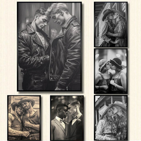 Retro Black and White Gay and Lesbian Couple Love Poster Lesbian Kiss Canvas Painting Wall Art for Gay Living Room Home Decor