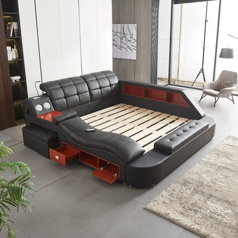 Multifunctional Upholstered Storage Bed Frame, Massage Chaise Lounge on Left, King Size,Suitable for Bedrooms, Black