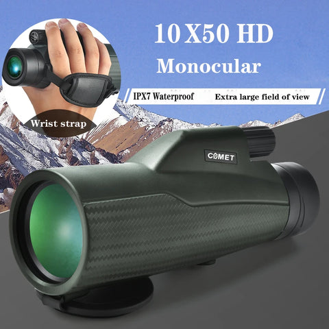 COMET Camping Telescope 10X50 Professional Military Monocular With Anti Shake Wristband BAK4 Prism Scope for BirdWatching Hiking