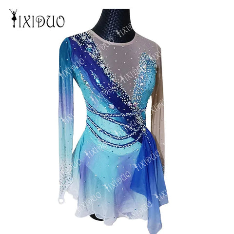 Professional Figure Skating Dress for Women's Girls' Ice Skating Competition Costume Long Sleeve Outfits with Shiny Rhinestones