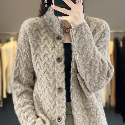 Autumn/Winter New 100% Merino Wool Clothing Women's Stand Up Collar Knitted Cardigan Fashion Korean Twisted Jacket Luxurious Top