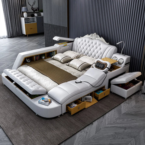 MINGDIBAO Ultimate Bed Frame Tech Smart Multifunctional Bed with Genuine Leather, Massage, USB, Bluetooth Speaker, Tatami & Safe