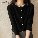 Women's Elegant Beading Spliced Long Sleeve Sweaters Autumn Winter New Solid Color Temperament Knitted Cardigan Female Clothing