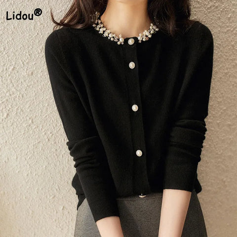Women's Elegant Beading Spliced Long Sleeve Sweaters Autumn Winter New Solid Color Temperament Knitted Cardigan Female Clothing