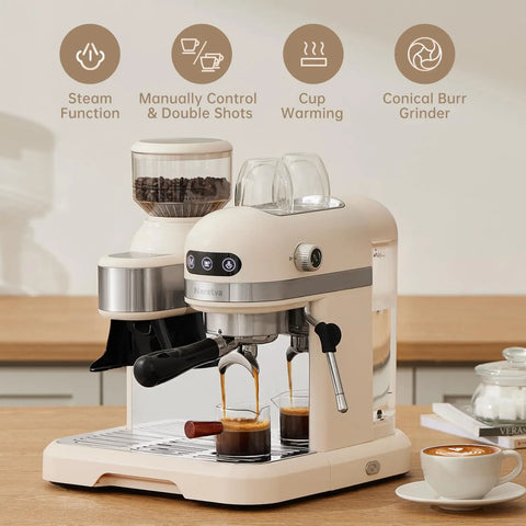 20 Bar Espresso Coffee Machine with Grinder Steam Wand for Latte Espresso and Cappuccino, 58MM Portafilter Espresso Make