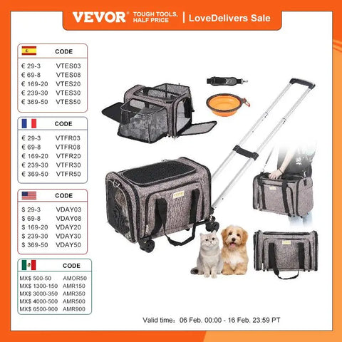 VEVOR Pet Cat Carrier Breathable Outgoing Dog Carry Backpack with Telescopic Handle Wheels and Shoulder Strap for Travel Trip