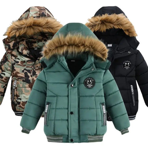Outdoor Jacket For Boys Winter Hooded Zipper Outerwear Casual Baby Boys Velvet Thick Warm Coats Kids Clothing Fur Collar Parka