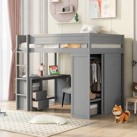 Wood Full Size Loft Bed with Wardrobes and 2-Drawer Desk with Cabinet, Sturdy Frame, Maximized Space, for Bedroom, Apartment
