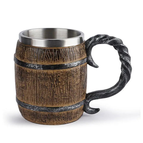 Viking Wood Beer Mug Cups Wooden Barrel Beer Cup Double Wall Drinking Coffee Mug Metal Insulated Bar Cocktail Drinking Cup