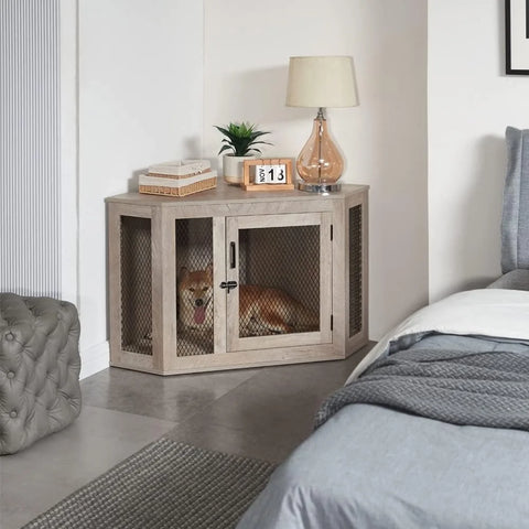 Furniture Style Corner Dog Crate for Small Medium Dogs, Indoor Aesthetic Puppy Kennel TV Stand, Modern Decorative Wood Pet House