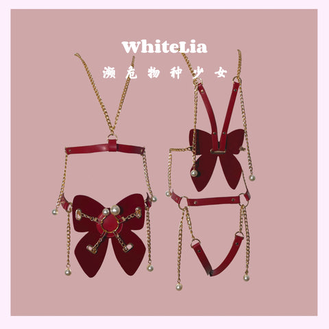 Original Red Velvet Genuine Leather Lingerie Butterfly Pearl Wear Sexy Corset Suit