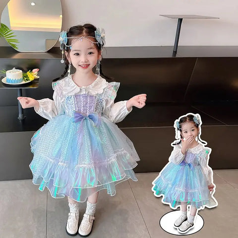 Summer Backless Lolita Ball Gown Dress+Shirt 2 Pcs Girls Kids Sets Princess Shiny Birthday Party Childrens Gauze Clothing Bow