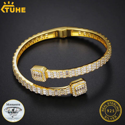 Unisex Silver 925 Bangle VVS1 Baguette Moissanite For Women Men Hip Hop Jewelry