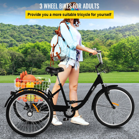 VEVOR Adult Tricycle 20/24/26 inch 1-Speed/ 7-Speeds Size Adjustable Trike with Bell Brake System Cruiser Bicycles Large Basket