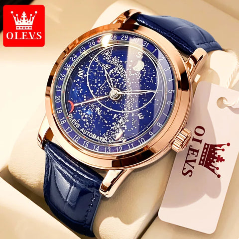 OLEVS Men's Watches Moon Phase Automatic Mechanical Watch for Man Blue Leather Luxury Dress Waterproof Luminous Wristwatch