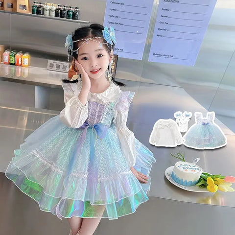 Summer Backless Lolita Ball Gown Dress+Shirt 2 Pcs Girls Kids Sets Princess Shiny Birthday Party Childrens Gauze Clothing Bow