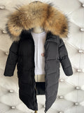 Down Jacket 2023 New Baby Boys Girls Long Thickening Fur Collar Childrens Clothing Soild Warm Striped Loose Hooded