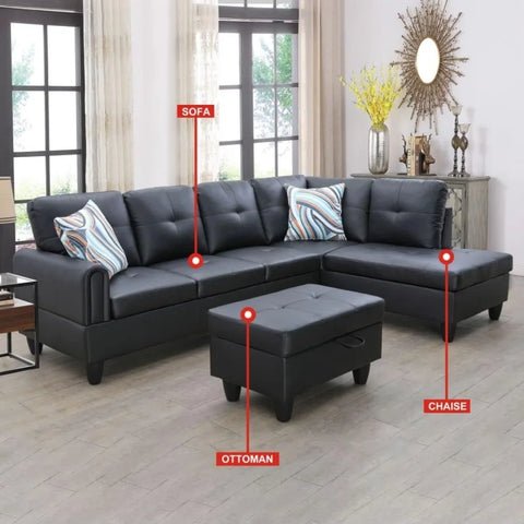 L-Shaped Faux Leather Sectional Sofa with Ottoman and 2 Toss Pillows for Living Room, 3 Piece Furniture Set for Bedroom, Office