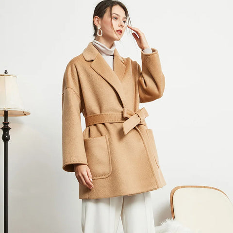 Pure Cashmere Loose Short Style Solid Color Double-Sided Water Ripple Pattern Cashmere Jacket For Women's Clothing