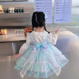 Summer Backless Lolita Ball Gown Dress+Shirt 2 Pcs Girls Kids Sets Princess Shiny Birthday Party Childrens Gauze Clothing Bow