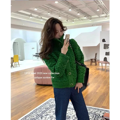 Korobov Thickened Turtleneck Cardigan Green Twist Lazy Christmas Sweater Pocket Y2k Womens Clothing Vintage Fashion Jumper