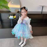 Summer Backless Lolita Ball Gown Dress+Shirt 2 Pcs Girls Kids Sets Princess Shiny Birthday Party Childrens Gauze Clothing Bow