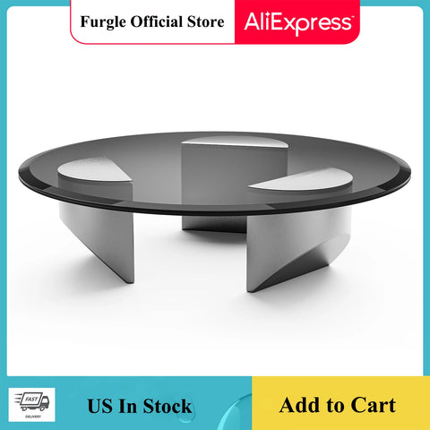 Round Glass Wedge Coffee Table with Heavy Duty Polished Steel Legs Support for Living Room Home Office