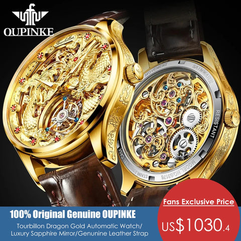 100% Original OUPINKE Tourbillon Watch For Men Skeleton Mechanical Watches Business Waterproof Leather Strap Luxury WristWatch