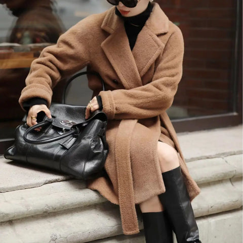 Peruvian Alpaca Wool And Camel Wool Cashmere Sweater, Women's New Double Breasted Long Jacket, Women's Clothing
