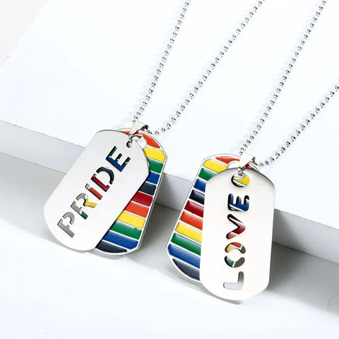 Stainless Steel LGBT Gay Lesbian Love Pride Necklaces Enamel Rainbow Flag Double Pendant Necklace