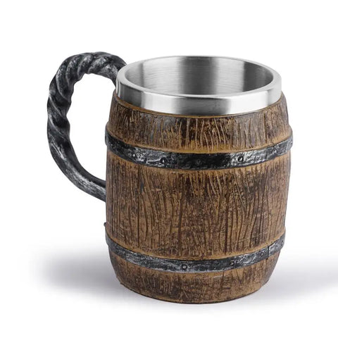 Viking Wood Beer Mug Cups Wooden Barrel Beer Cup Double Wall Drinking Coffee Mug Metal Insulated Bar Cocktail Drinking Cup
