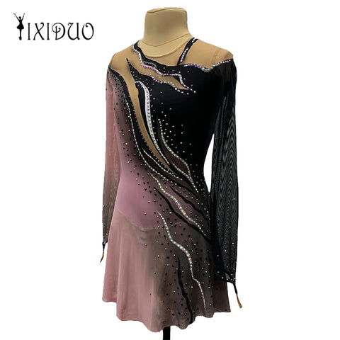 Figure Skating Dress Pink Black Gradient Ice Skating Skirt Long Sleeve Spandex High Elasticity Training Competition Skating Wear