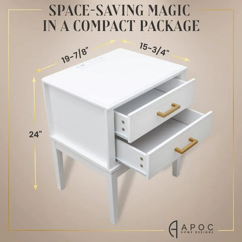 Mobile 2 USB Ports & 2 Outlets - Compact Smart Bedside Table for Your Home - 24“ Tall (White) Modular Furniture Night Tables