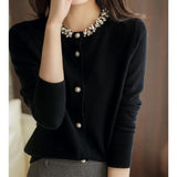 Women's Elegant Beading Spliced Long Sleeve Sweaters Autumn Winter New Solid Color Temperament Knitted Cardigan Female Clothing