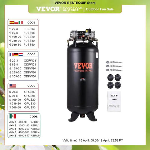 VEVOR 80 Gallon Air Compressor 6.5HP 2-Stage Oil Free Stationary Quiet Compressor for Industrial Manufacturing Sites Auto Repair