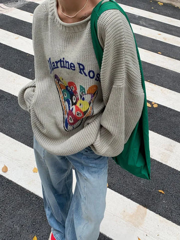 Korobov Autumn Lazy Lovely Sweater Cartoon Pattern Pullover Y2k Womens Clothing Korean Fashion Ropa De Mujer Loose Knitwears Top