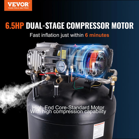 VEVOR 80 Gallon Air Compressor 6.5HP 2-Stage Oil Free Stationary Quiet Compressor for Industrial Manufacturing Sites Auto Repair
