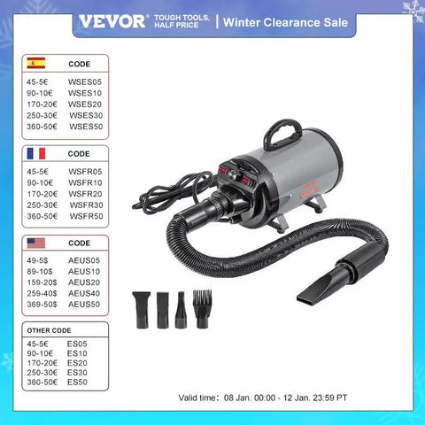 VEVOR 2000W/2.7HP Dog Blow Dryer Adjustable Speed Temperature Control with 4 Nozzles and Extendable Hose for Pet Hair Grooming