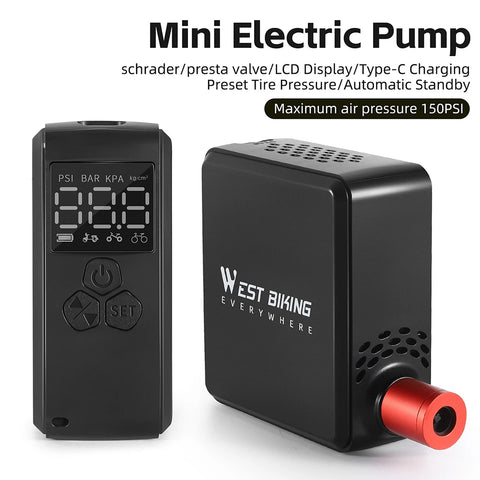 Mini Electric Bicycle Pump Portable 150PSI Type-C Charging Air Compressor LCD Display Tire Inflator Bike Motorcycle Pump