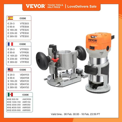 VEVOR Wood Router 1.25HP 800W Compact Wood Trimmer Combo Tool 30000RPM 6 Variable Speeds for DIY Woodworking Slotting Trimming