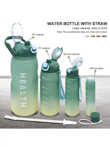 4pcs Set Large Capacity Sports Water Bottle With Straw Time Marker Gradient Color Plastic Matte For Outdoor Camping Fitness