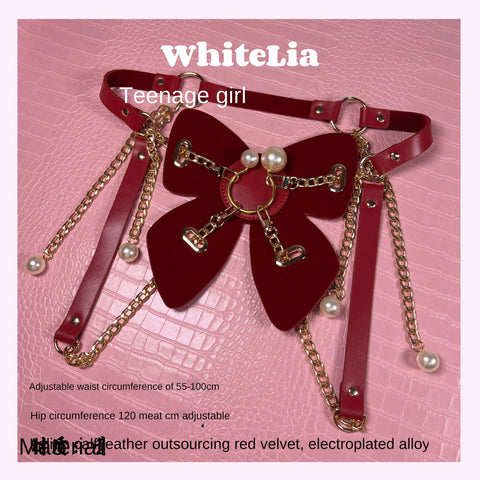 Original Red Velvet Genuine Leather Lingerie Butterfly Pearl Wear Sexy Corset Suit